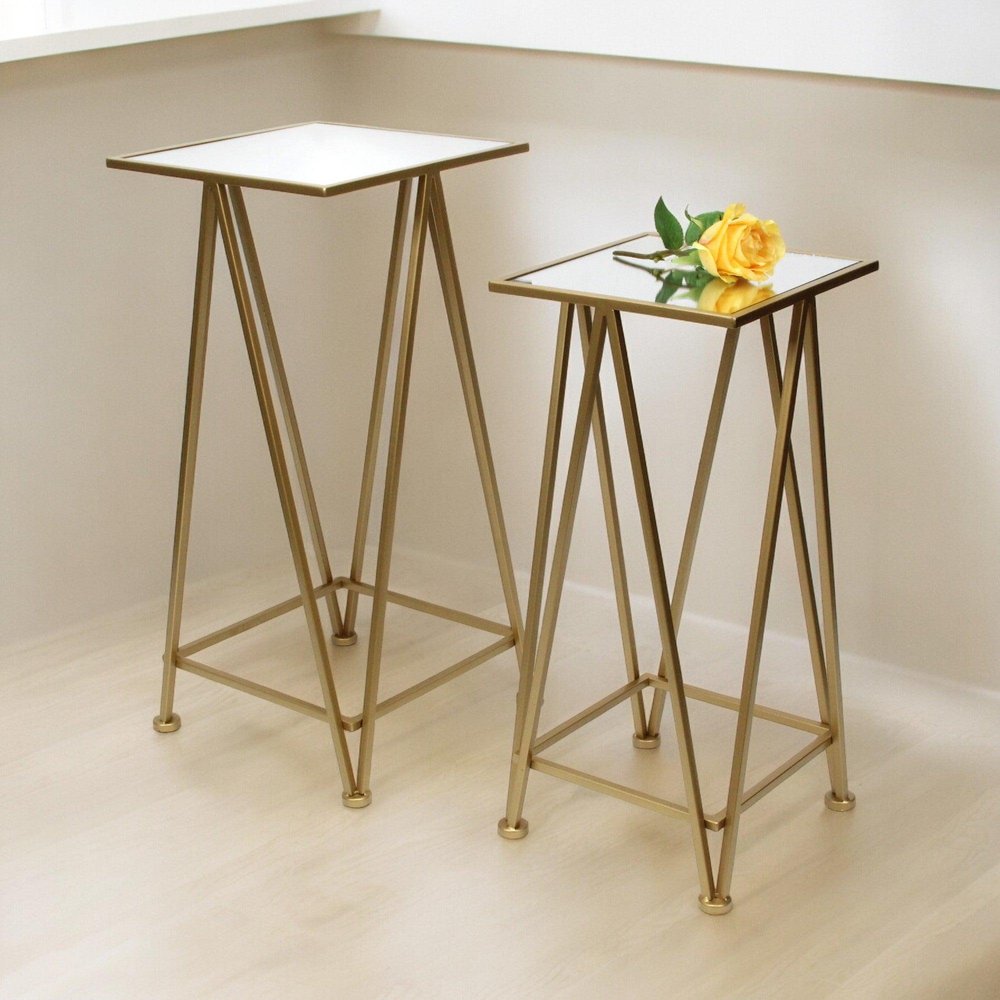 Set of Two Silver and Black Mirrored Glass and Steel Square Frame Nested Tables