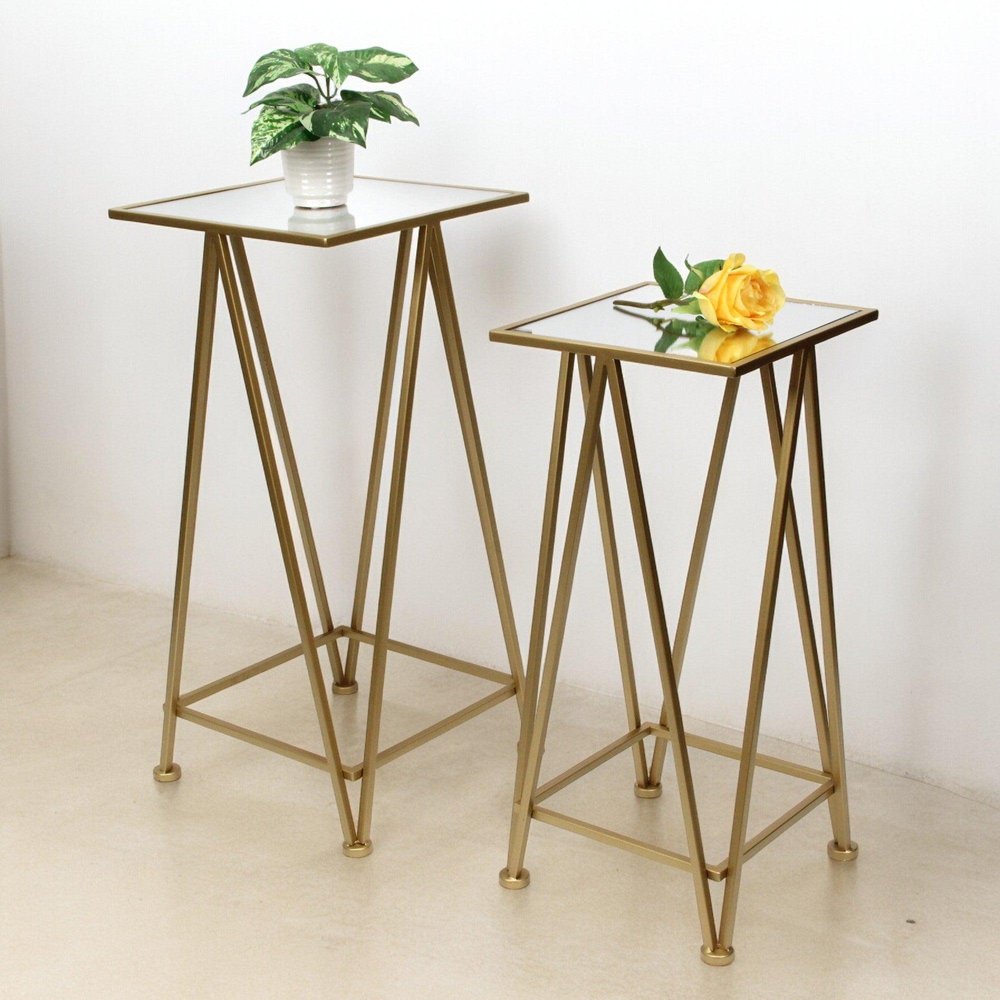 Set of Two Silver and Black Mirrored Glass and Steel Square Frame Nested Tables on a white background