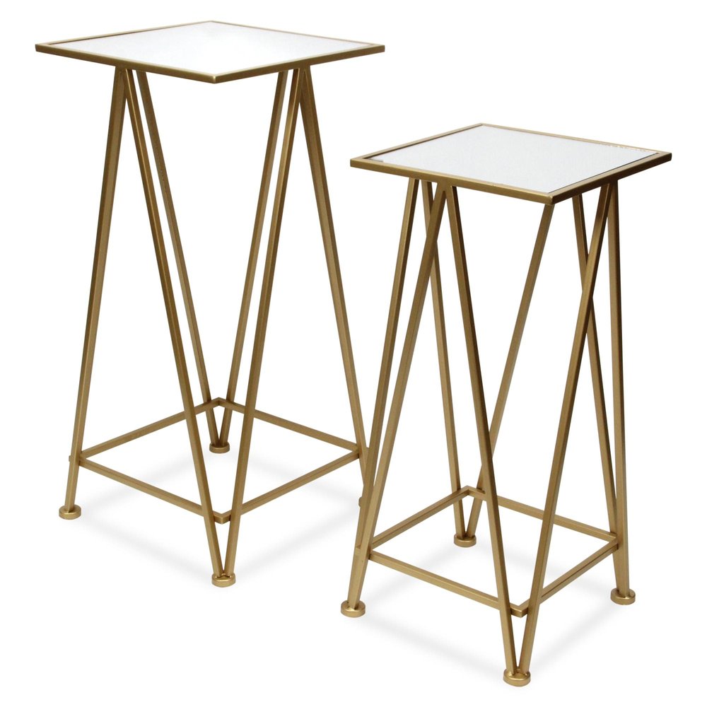 Set of Two Silver and Black Mirrored Glass and Steel Square Frame Nested Tables on a white background