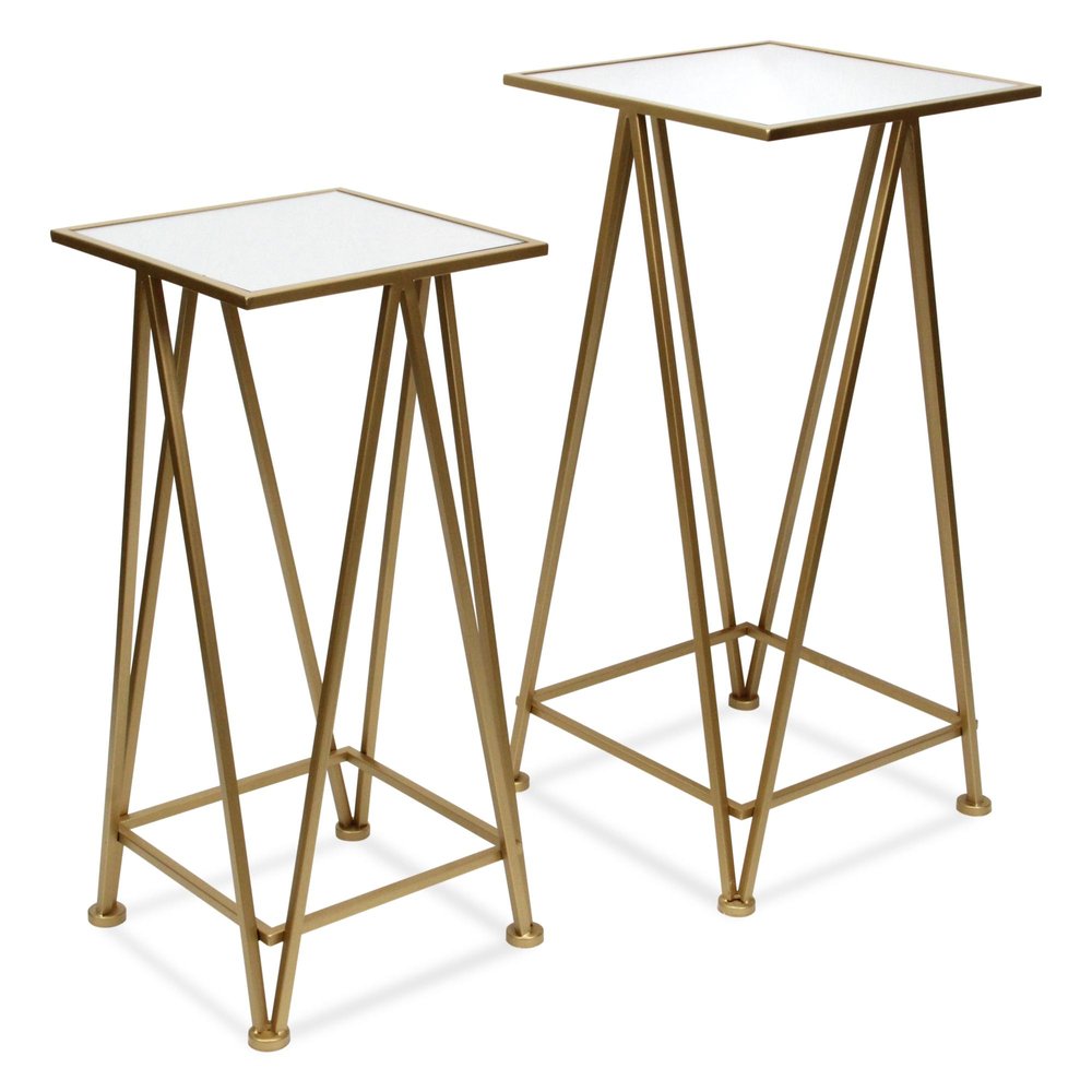 Set of Two Painted Silver and Black Mirrored Glass and Steel Square Frame Nested Tables