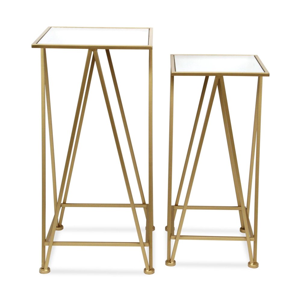 Set of Two Painted Silver and Black Mirrored Glass and Steel Square Frame Nested Tables