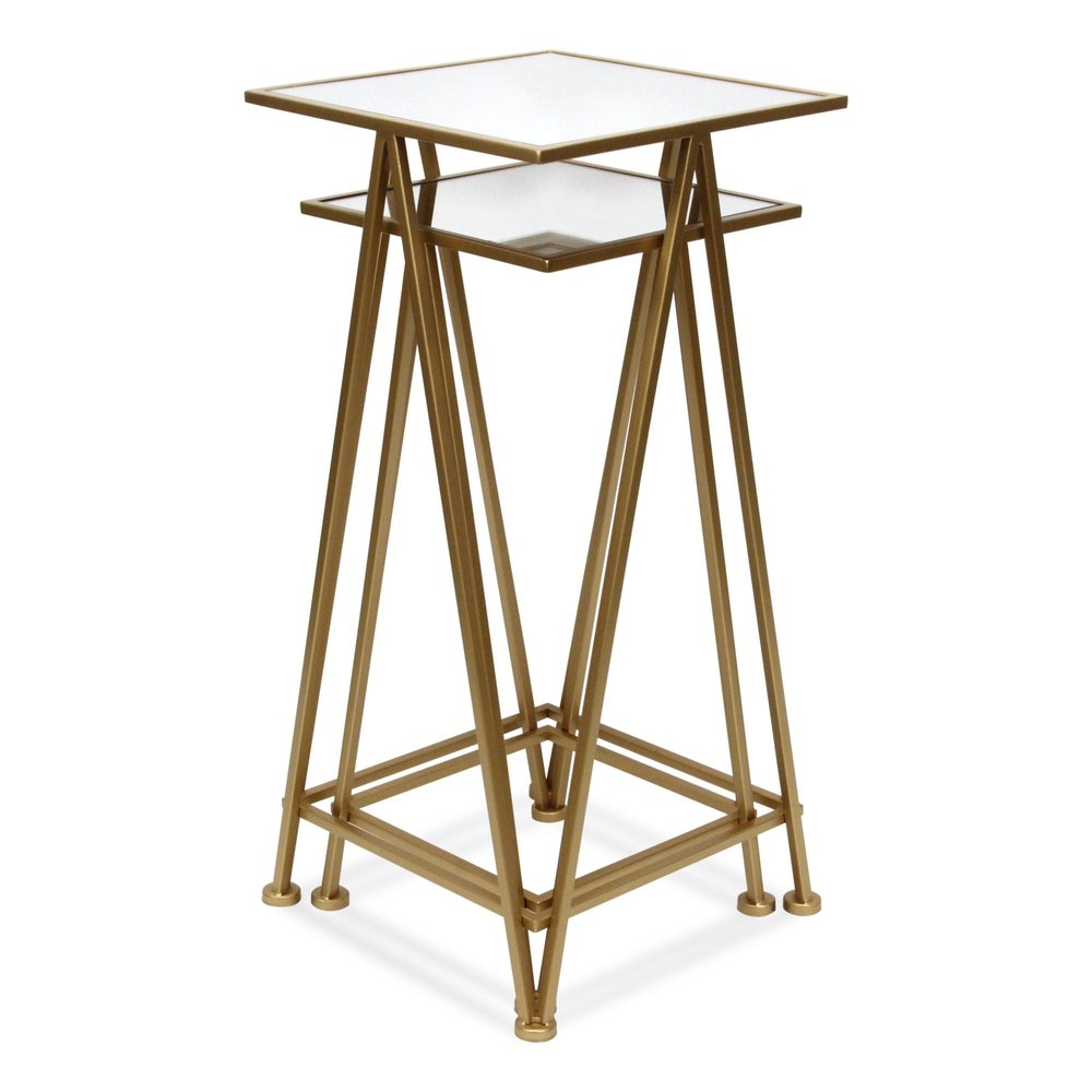 Set of Two Painted Silver and Black Mirrored Glass and Steel Square Frame Nested Tables