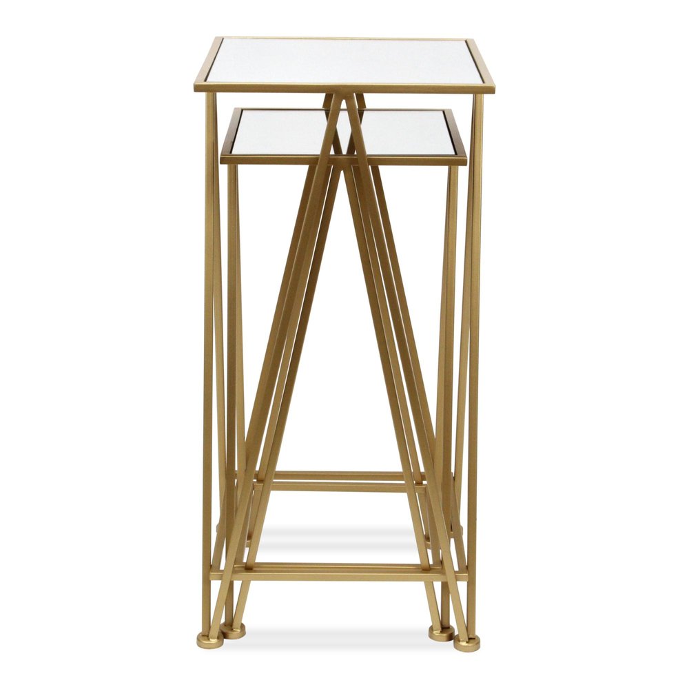 Set of Two Painted Silver and Black Mirrored Glass and Steel Square Frame Nested Tables