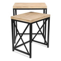 Set of Two Light Brown and Black Distressed Solid Wood and Steel Nested Tables on a white background