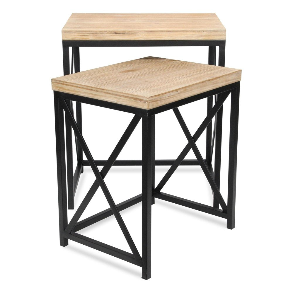 Set of Two Light Brown and Black Distressed Solid Wood and Steel Nested Tables