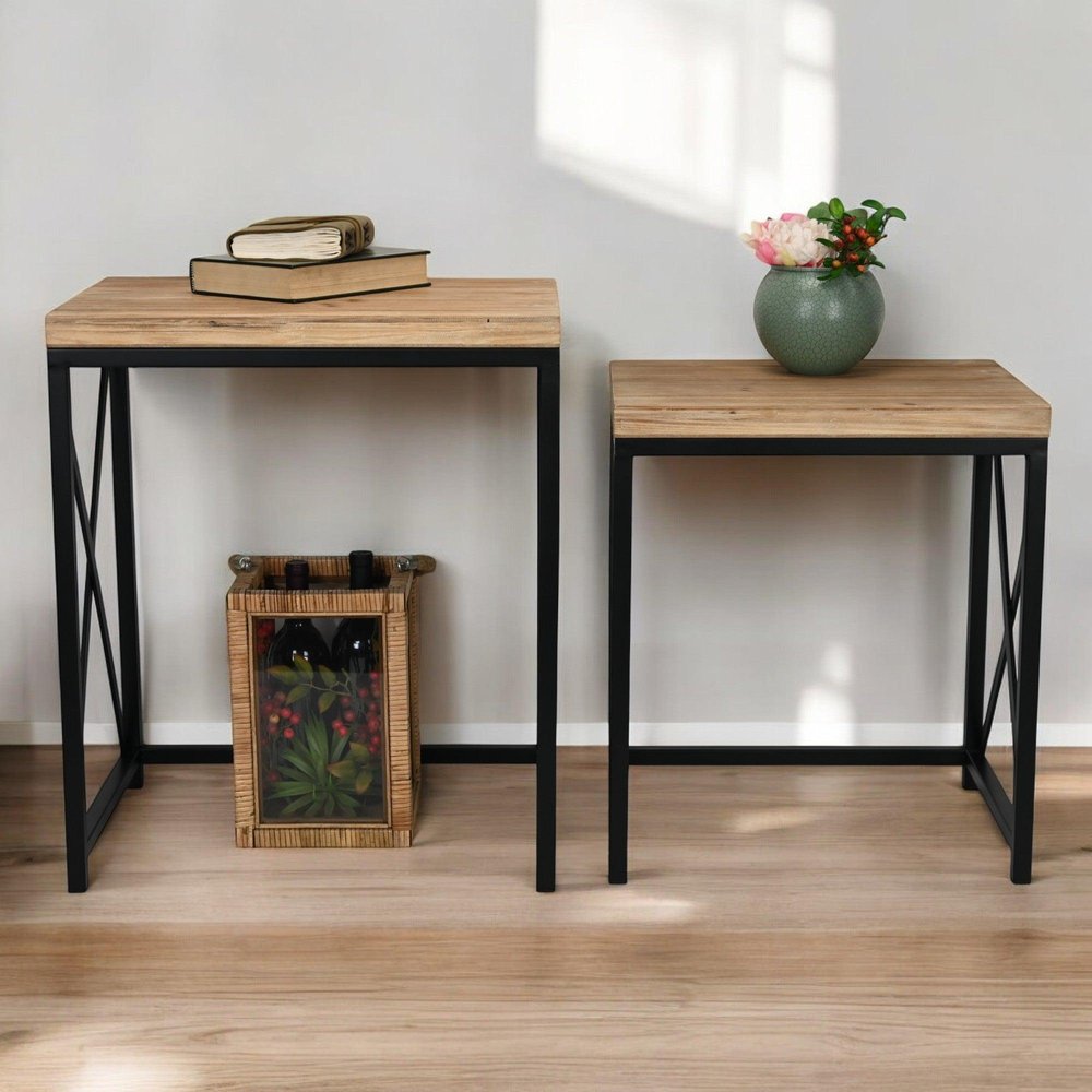 Set of Two Light Brown and Black Distressed Solid Wood and Steel Nested Tables