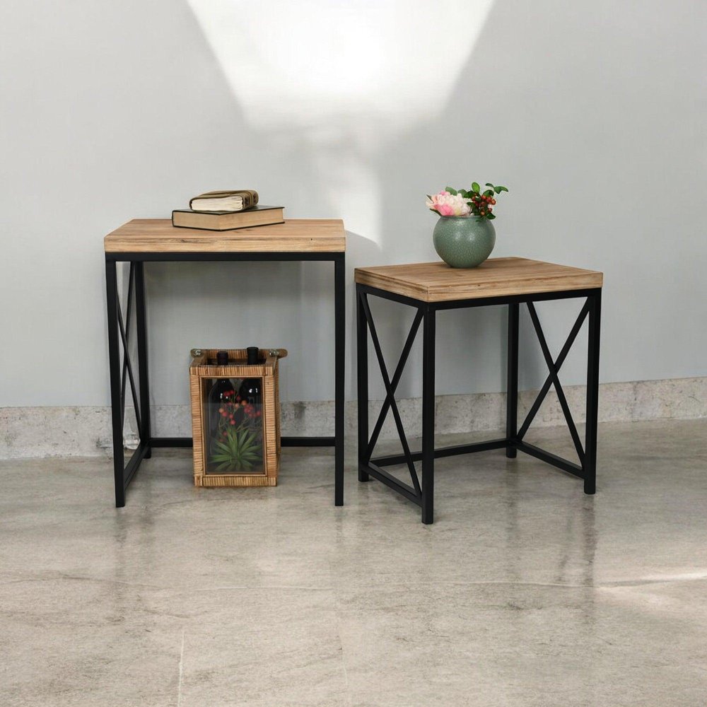Set of Two Light Brown and Black Distressed Solid Wood and Steel Nested Tables