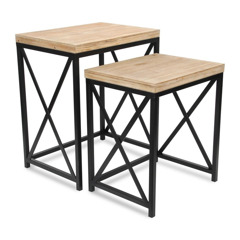 Set of Two Light Brown and Black Distressed Solid Wood and Steel Nested Tables