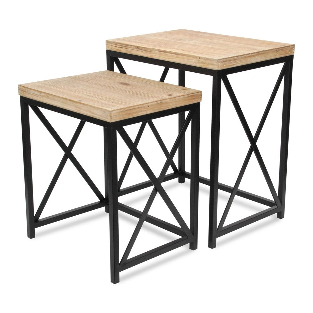 Set of Two Light Brown and Black Distressed Solid Wood and Steel Nested Tables