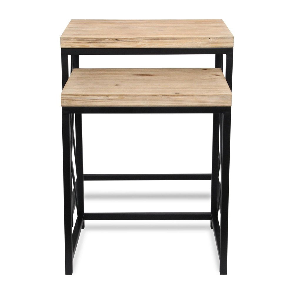 Set of Two Light Brown and Black Distressed Solid Wood and Steel Nested Tables on a white background