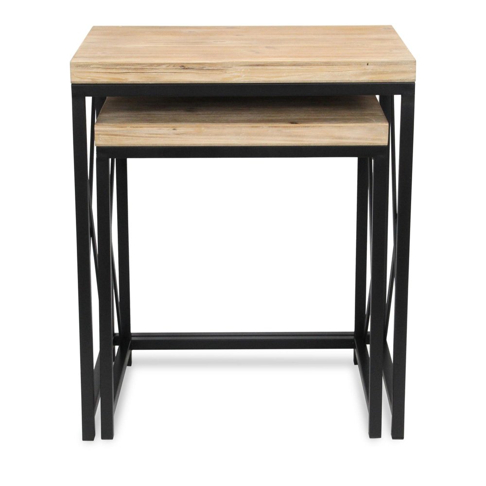 Set of Two Light Brown and Black Distressed Solid Wood and Steel Nested Tables on a white background