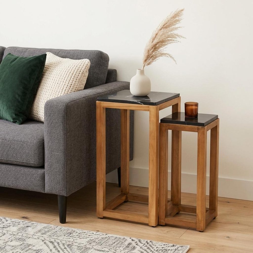 Set of Two Black and Brown Distressed Marble and Solid Wood Square Frame Nested Tables close-up detail