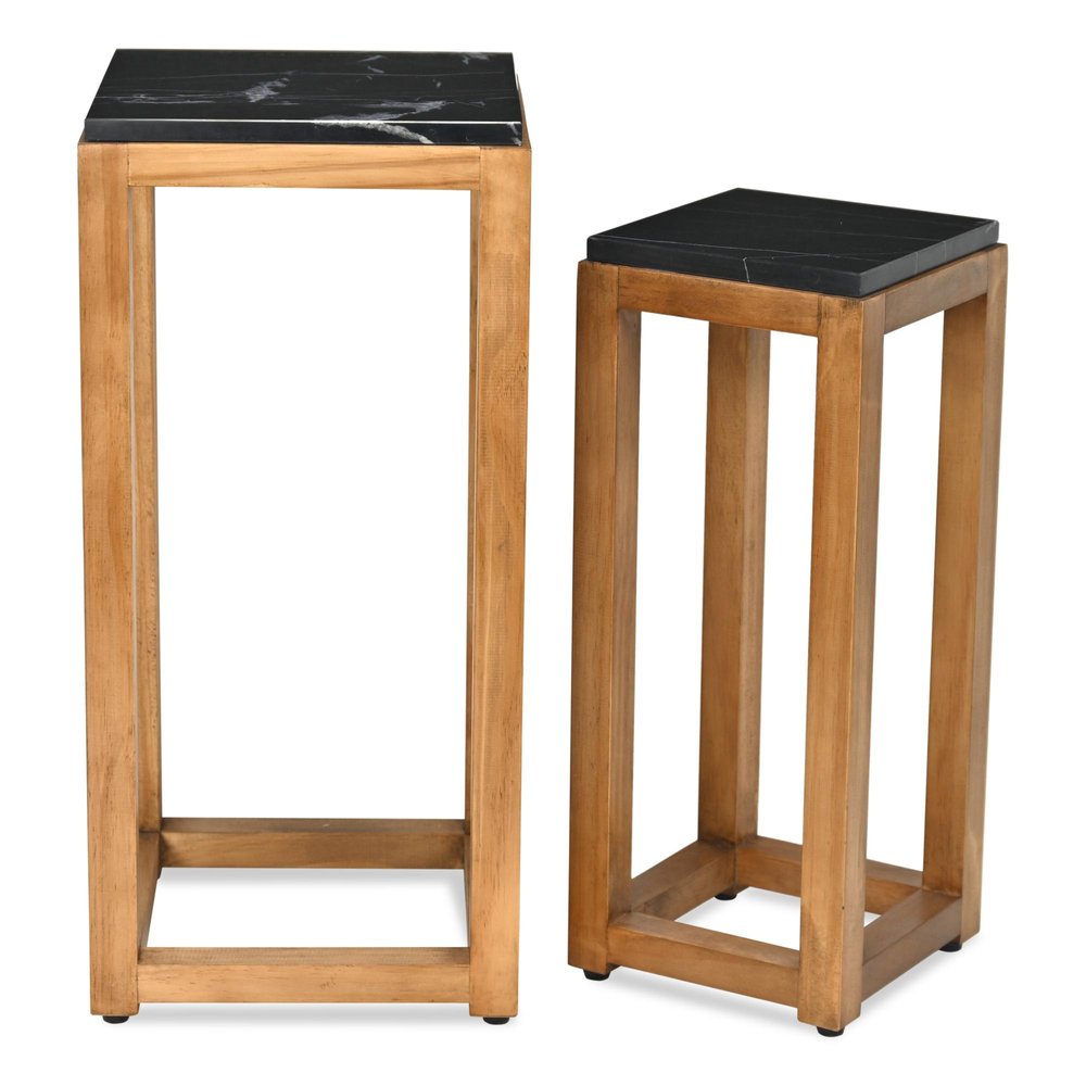 Set of Two Black and Brown Distressed Marble and Solid Wood Square Frame Nested Tables
