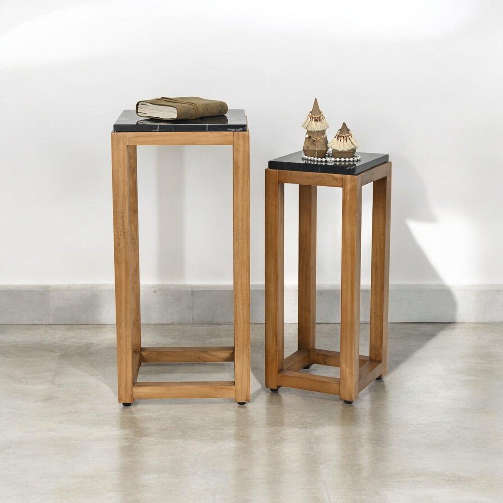Set of Two Black and Brown Distressed Marble and Solid Wood Square Frame Nested Tables