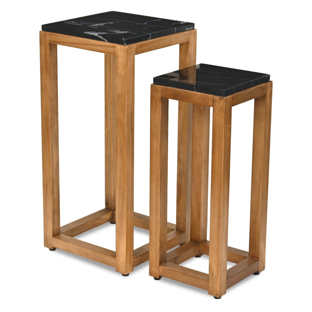 Set of Two Black and Brown Distressed Marble and Solid Wood Square Frame Nested Tables