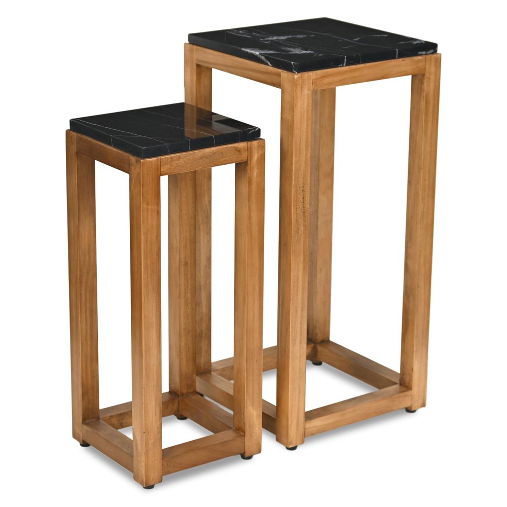 Set of Two Black and Brown Distressed Marble and Solid Wood Square Frame Nested Tables