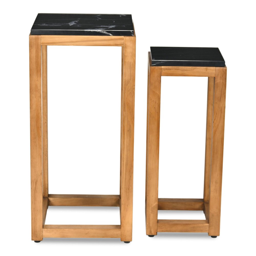 Set of Two Black and Brown Distressed Marble and Solid Wood Square Frame Nested Tables