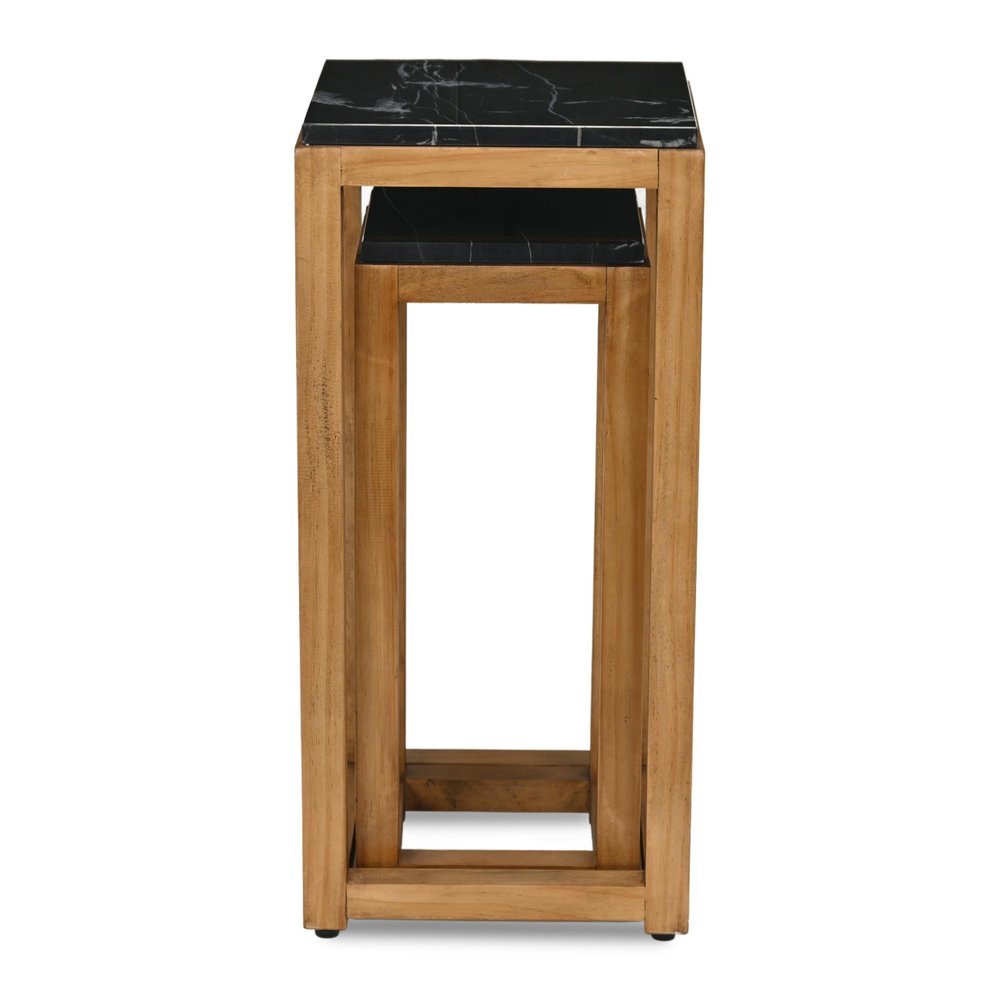 Set of Two Black and Brown Distressed Marble and Solid Wood Square Frame Nested Tables on a white background