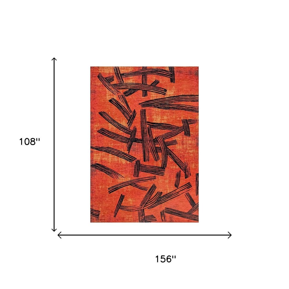 9' X 13' Red And White Abstract Washable Area Rug With UV Protection