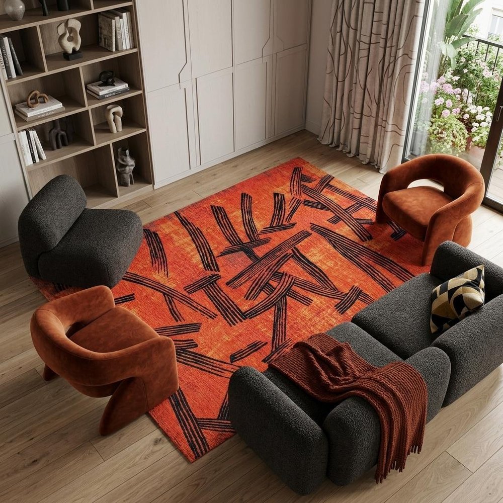 9' X 13' Red And White Abstract Washable Area Rug With UV Protection