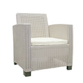 Three Piece Taupe and Beige Plastic Upholstered Cushions Two Person Seating Group With Table on a white background