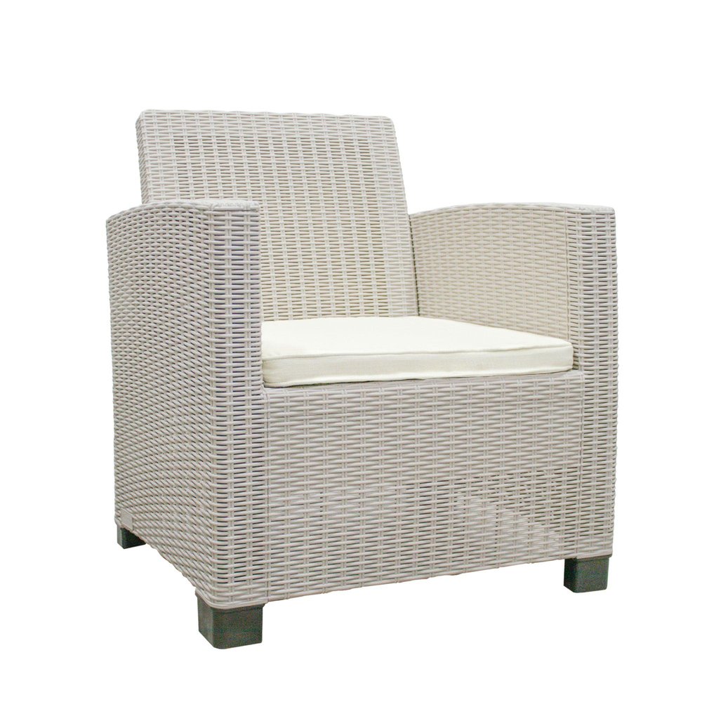 Light beige wicker armchair with a beige cushion on a white background.