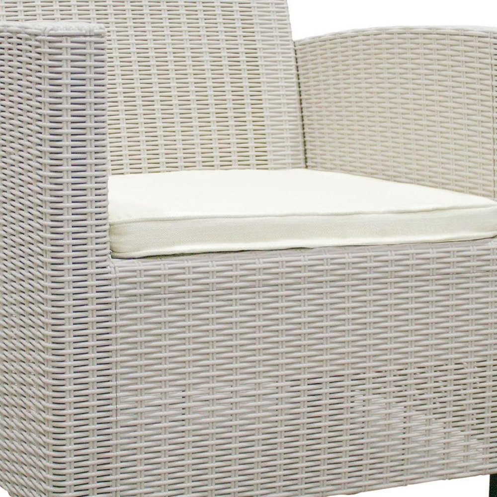 Three Piece Taupe and Beige Plastic Upholstered Cushions Two Person Seating Group With Table on a white background
