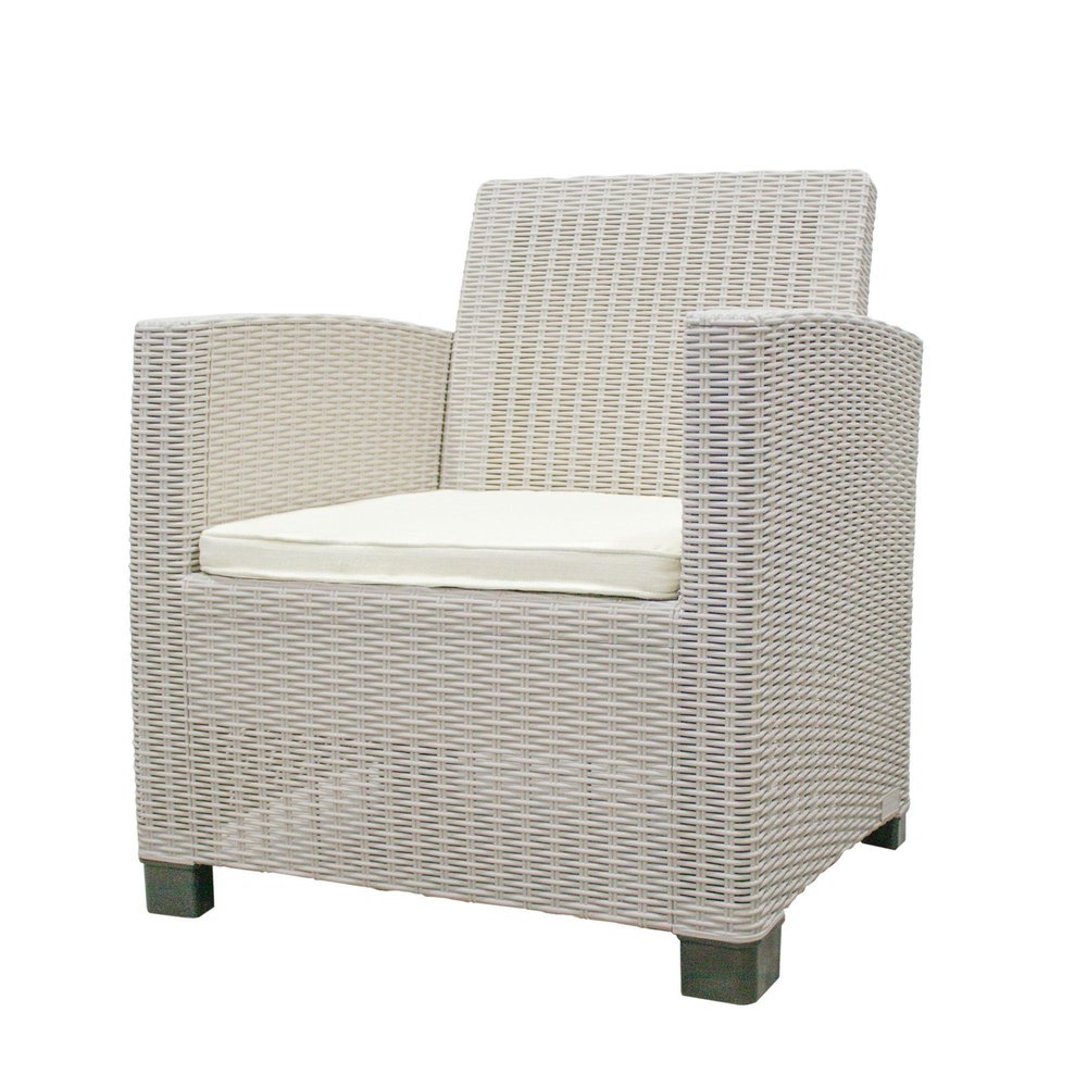 Three Piece Taupe and Beige Plastic Upholstered Cushions Two Person Seating Group With Table on a white background
