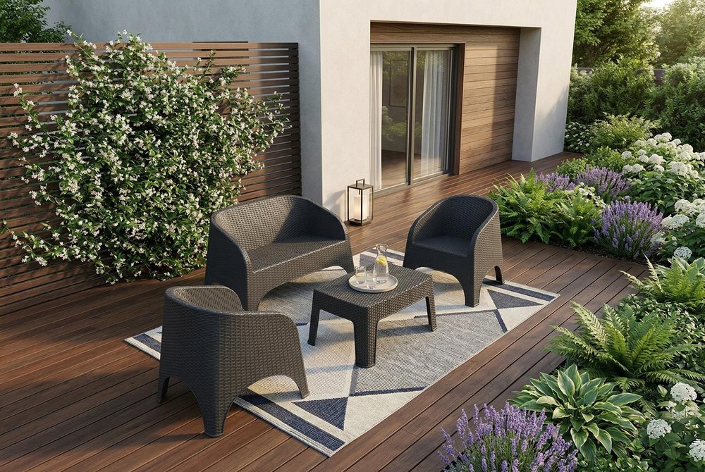 Four Piece Espresso Plastic Outdoor Patio Set With Table
