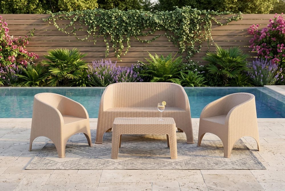 Four Piece Taupe Plastic Outdoor Patio Set With Table