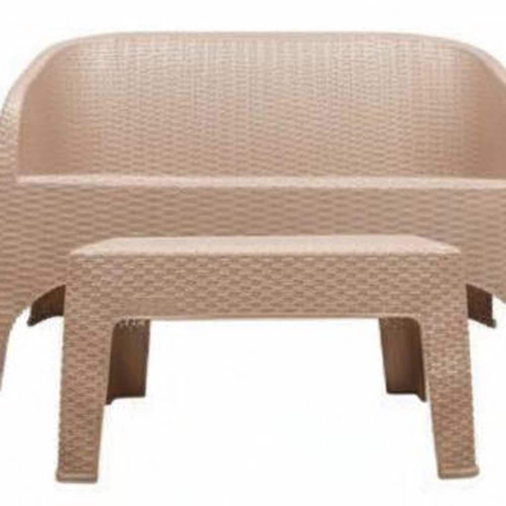Four Piece Taupe Plastic Outdoor Patio Set With Table on a white background