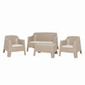 Four Piece Taupe and Beige Plastic Upholstered Cushions Outdoor Patio Set With Table on a white background