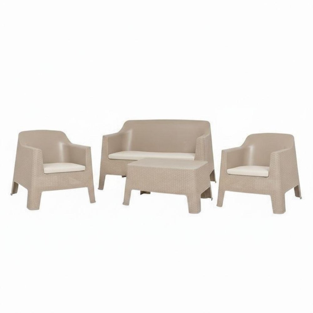 Four-piece taupe plastic outdoor patio set with beige upholstered cushions and a table on a white background.
