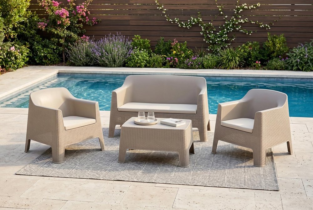 Four Piece Taupe and Beige Plastic Upholstered Cushions Outdoor Patio Set With Table in a home interior
