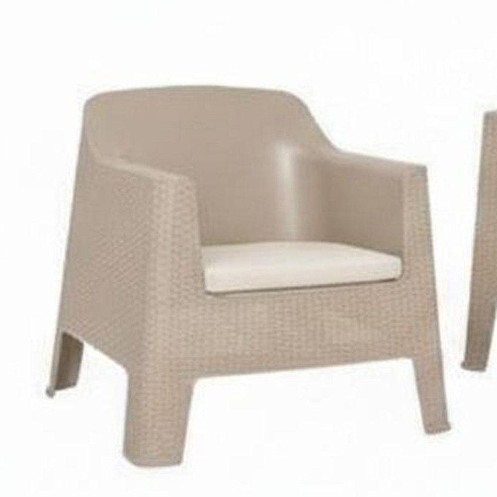 Four Piece Taupe and Beige Plastic Upholstered Cushions Outdoor Patio Set With Table on a white background