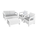 Four Piece White and Beige Plastic Upholstered Cushions Outdoor Patio Set With Table - 31.10" H x 50.30" W x 19.40" D on a white background