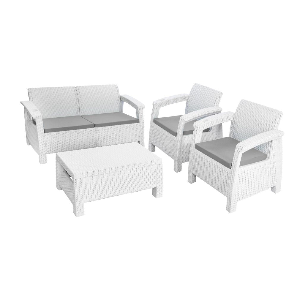 White plastic outdoor patio set with two chairs, a loveseat, and a coffee table, featuring beige upholstered cushions.
