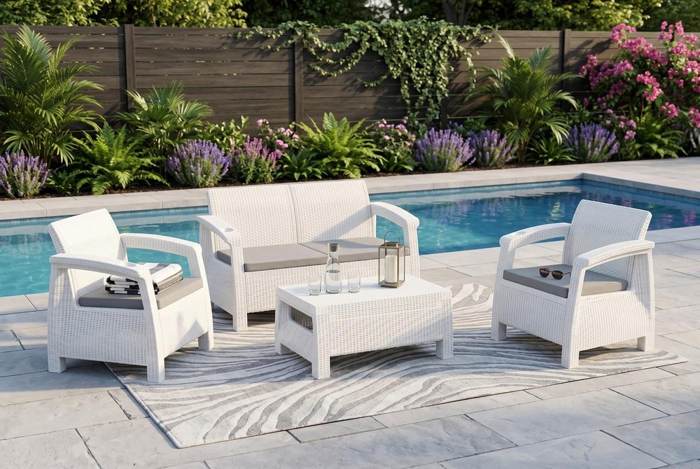 Four Piece White and Beige Plastic Upholstered Cushions Outdoor Patio Set With Table - 31.10" H x 50.30" W x 19.40" D
