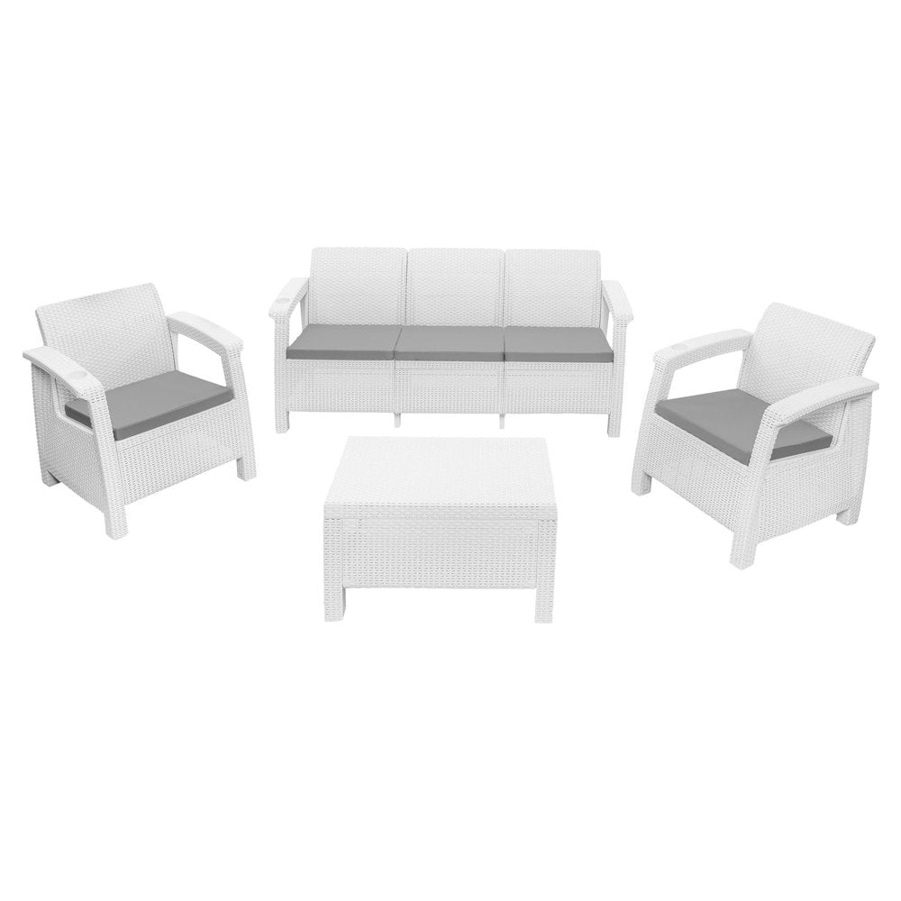 White plastic patio set with a three-seater sofa, two armchairs, and a coffee table, all with beige cushions, on a white background.