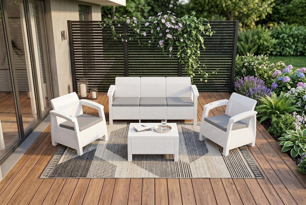Four Piece White and Beige Plastic Upholstered Cushions Outdoor Patio Set With Table - 31.10" H x 68.50" W x 19.40" D