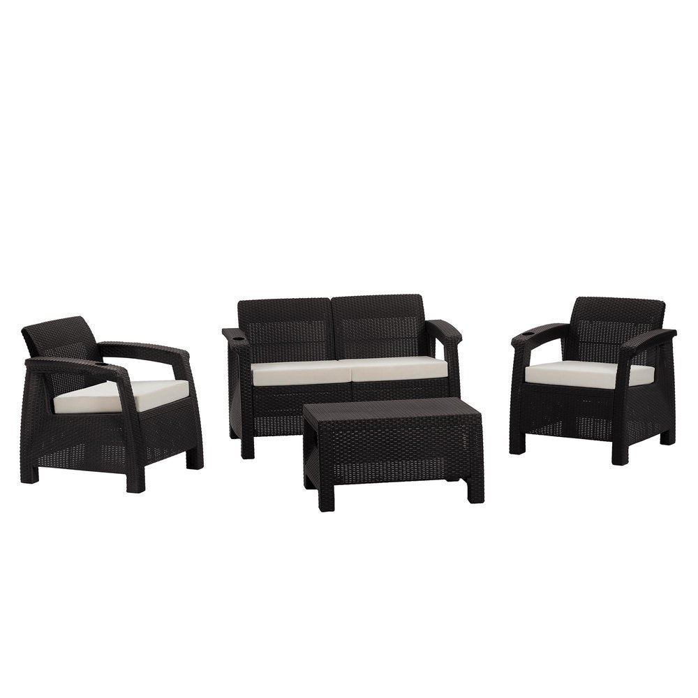 Four Piece Espresso and Beige Plastic Upholstered Cushions Outdoor Patio Set With Table