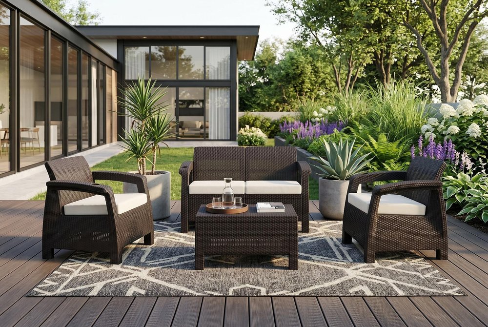 Four Piece Espresso and Beige Plastic Upholstered Cushions Outdoor Patio Set With Table