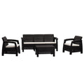 Four Piece Espresso and Beige Plastic Upholstered Cushions Outdoor Patio Set With Table