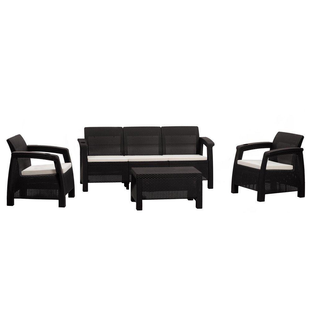 Four Piece Espresso and Beige Plastic Upholstered Cushions Outdoor Patio Set With Table