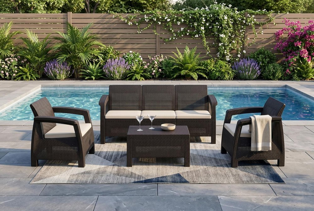 Four Piece Espresso and Beige Plastic Upholstered Cushions Outdoor Patio Set With Table