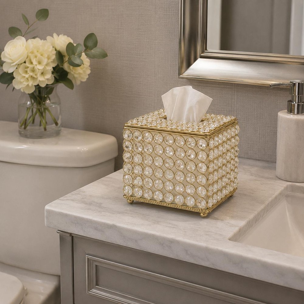 7" Gold Iron And Crystal Tissue Box Cover