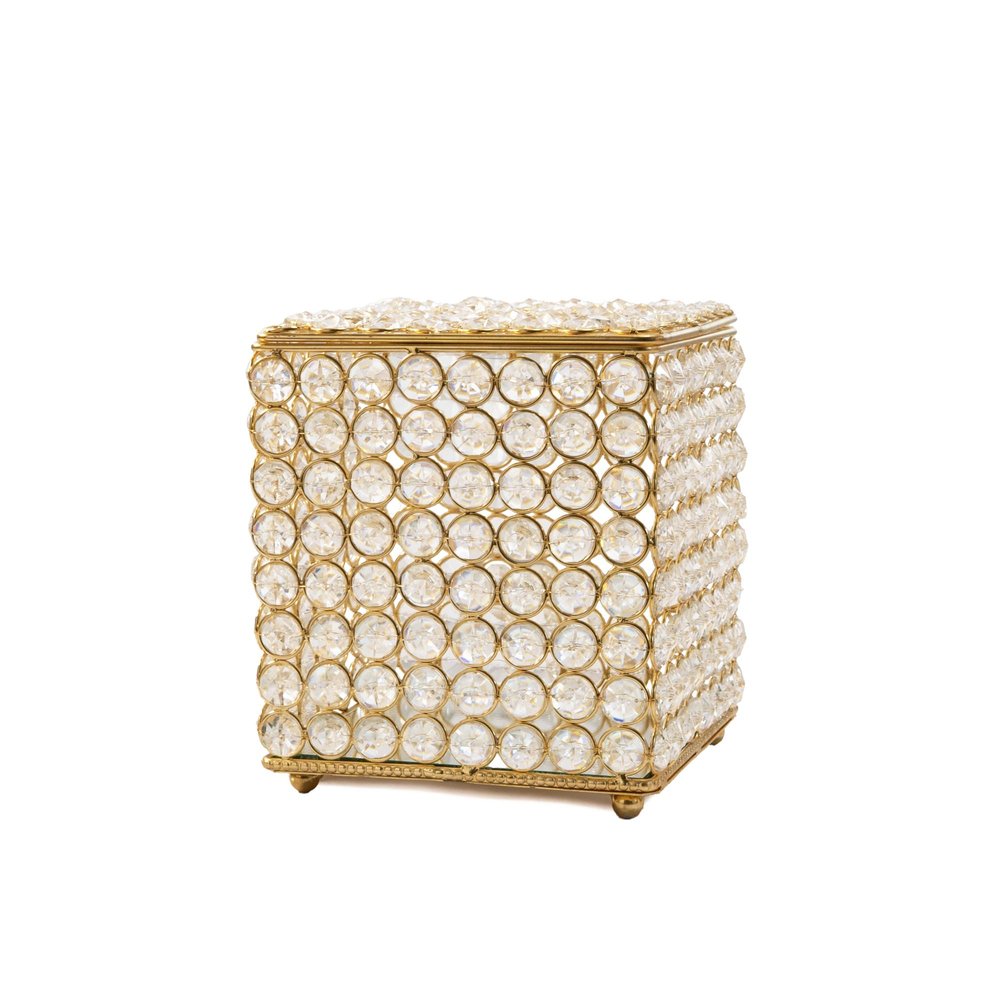 7" Gold Iron And Crystal Tissue Box Cover