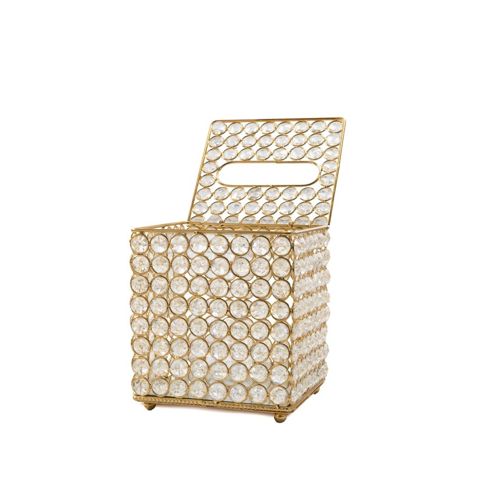 7" Gold Iron And Crystal Tissue Box Cover