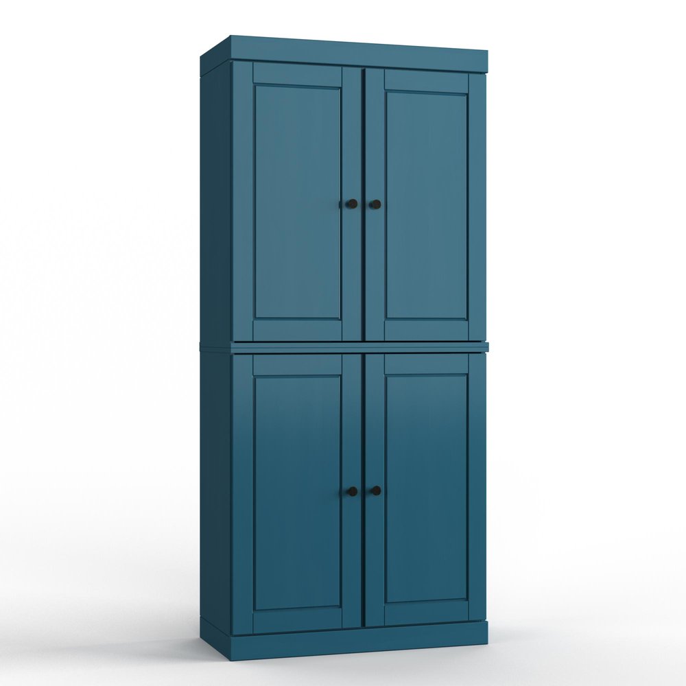 32" Teal Blue Solid Wood Free Standing Four Door Linen Cabinet