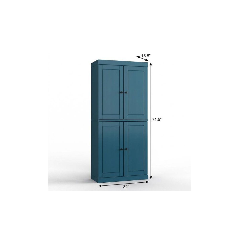 32" Teal Blue Solid Wood Free Standing Four Door Linen Cabinet